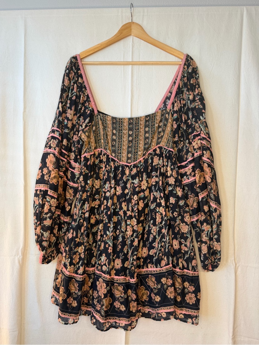 Free People Black Mini Dress with Pink and Tan Floral Print